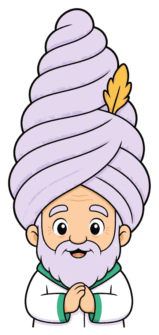 Mietanbot Guru, die Figur mit Turban und Feder