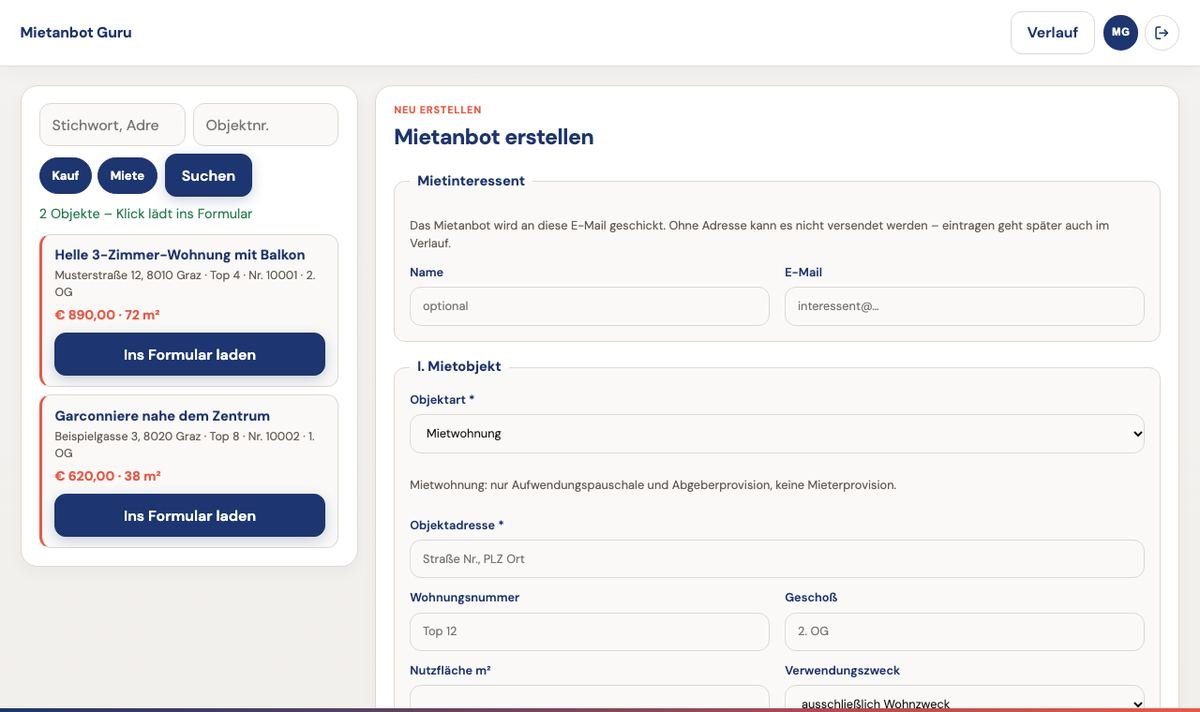 Mietanbot Guru: Objektliste links, Formular Mietanbot erstellen rechts